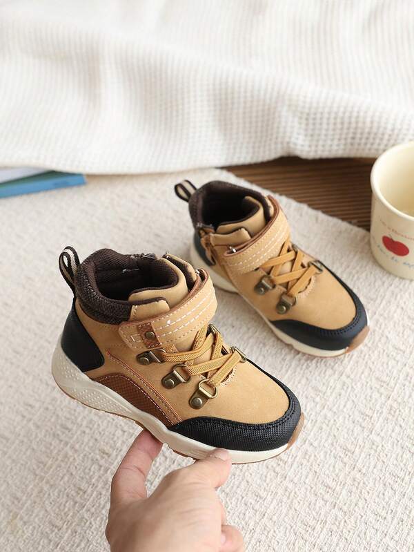 Contrast Color Kids Outdoor Hiking Ankle Boots, Hook And Loop Lace-Up Work Boots, Non-Slip Thick Sole, Unisex Children's Autumn/Winter Hiking Boots