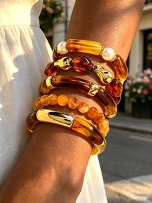 5pcs Multi-Layer Stackable Fashion Minimalist Elegant Exquisite Vintage Design Bohemian Style Colorful Resin Marrone Color Palette Geometric Asymmetrical Tie-Dye Pattern Beaded Patchwork Design Faux Pearl CCB Multi-Element Exaggerated Wide Chunky Elastic Bracelet Set, Holiday Vacation Party Date Gift, Daily Commute Wear, Personalized - Multicolor - View 2