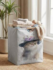 1pc Storage Basket, Laundry Hamper, Washing Basket, Storage Bin, Kitten Print Design, Foldable Multipurpose Storage Box With Wooden Handles, Ideal For Daily Clothes Storage And Arrangement - Multicolor - View 6