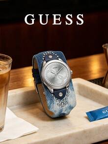 GUESS Women's Round Crystal Dial Denim Strap Rivet Decor Quartz Wristwatch Casual Fashion 3ATM Waterproof Women's Watch W1141L1 - Blue - View 8