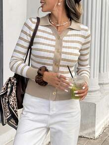 Casual Minimalist Plaid Front Button-Down Cardigan For Women Fall - Khaki - View 5
