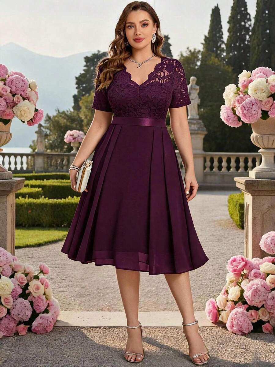 Plus Floral Lace V-Neck Ruffle Trim Chiffon A-Line Hem Semi Formal Party Swing Dress, Summer Dress, For Birthday, Graduation, Homecoming Elegant
