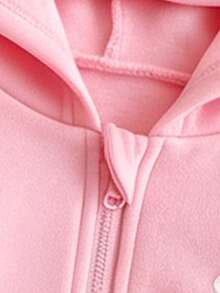 Baby Girls 2pcs Set Grey & Pink Bow Print Minimalist Long Sleeve Hooded Zip-Up Jacket, Solid Color Ribbed Cuffs Casual Fashion Outdoor Cardigan Top - Multicolor - View 5