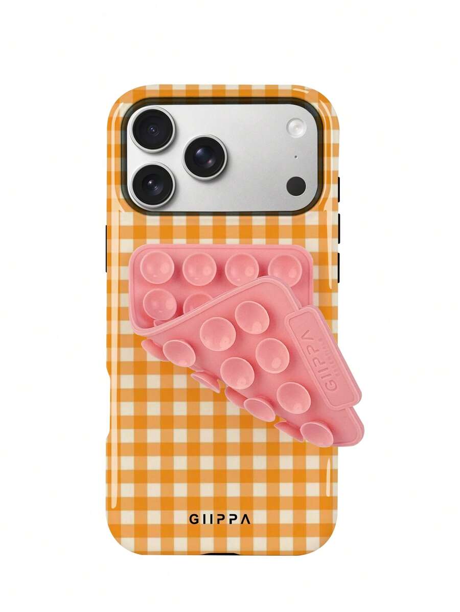 GIIPPA 1組橘色格紋2合1手機殼+粉色吸盤,相容於Phone 17、16、15、14、13、12、11及PRO MAX系列 - 橘色 - 查看 1