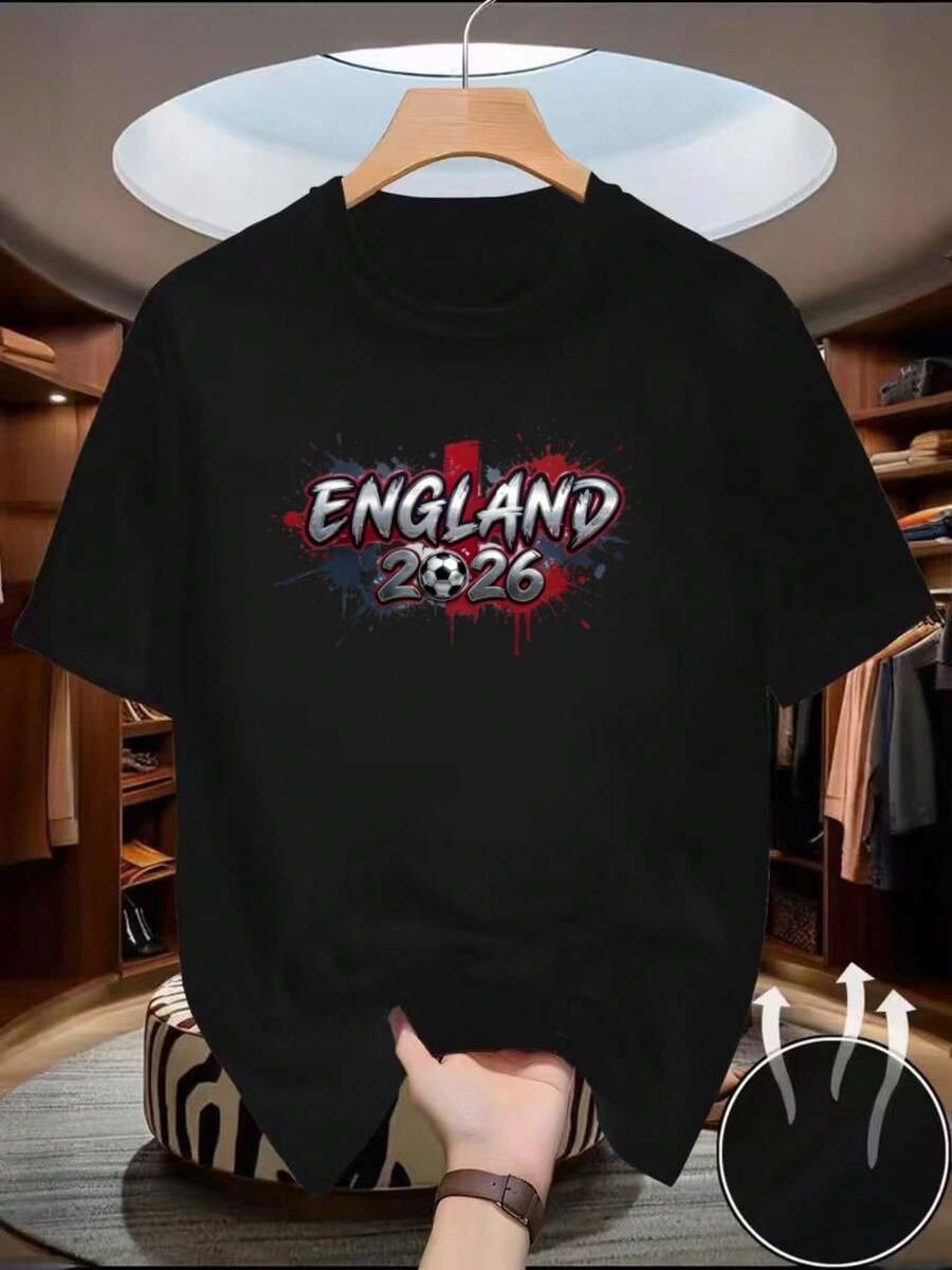 Camiseta de manga corta para hombre con estampado 2D del equipo de fútbol de Inglaterra 2026, top casual ligero de cuello redondo para las salidas diarias de los aficionados al deporte. - Blanco - Ver 1