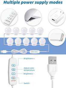 3-Color Dimmable LED Vanity Mirror Light Bulb 5V USB Fill Light DIY Rotating Retractable Cord 2LED/6LED/10LED/14LED Suitable For Bathroom, Bedroom, Dressing Table, Hair Salon - 3-color Dimmable - View 2