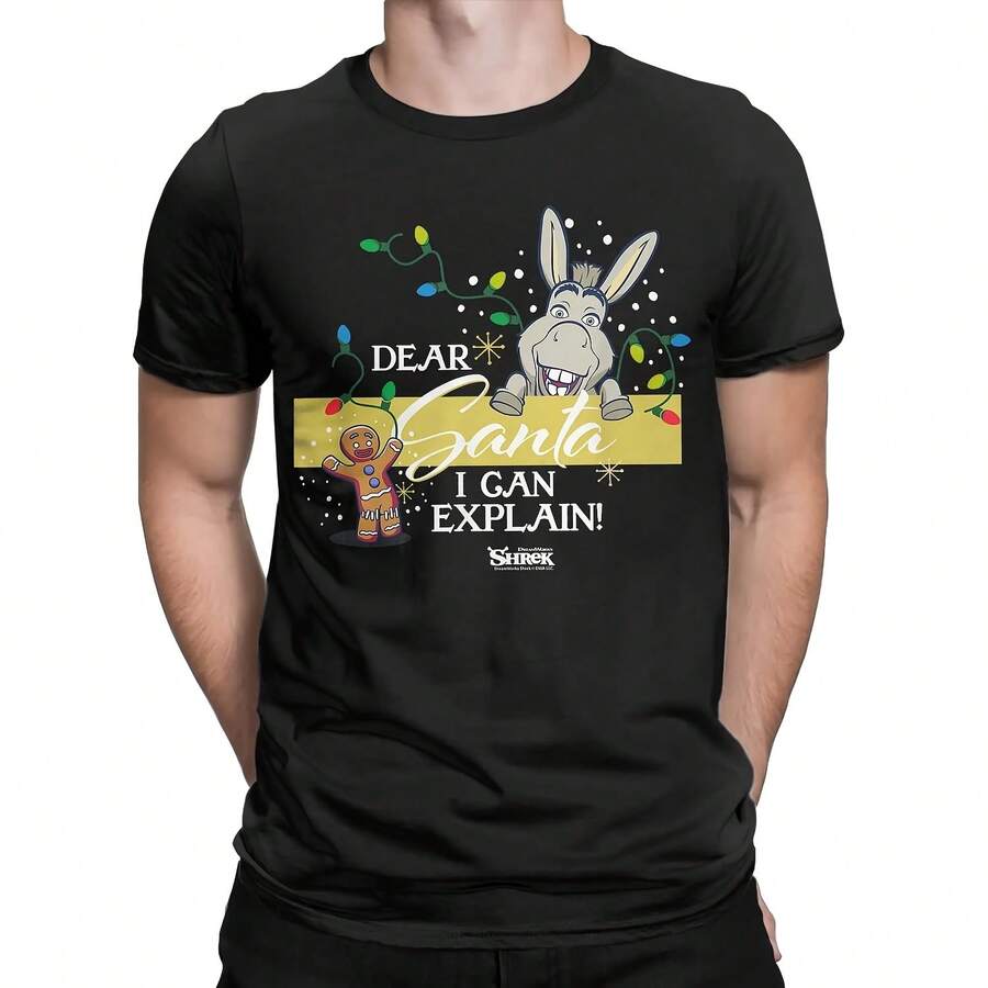 Shreks Dear Santa I Can Explain Donkey And Gingy Men's T Shirt Funny Tee Shirt Short Sleeve Round Neck T-Shirts Pure Cotton Tops - Shape - View 1