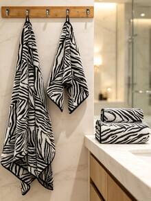 1pc/2pcs Approx. 13*30in/28*55in Thickened Zebra Stripe Coral Fleece Face Towel And Bath Towel, Super Soft, Absorbent, Quick Drying, Suitable For Swimming, Spa, Home Bathroom Shower, Back To School - Black and White - View 9