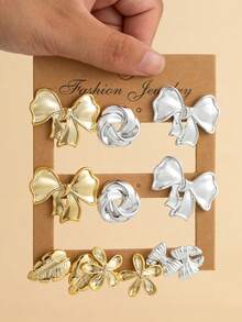 2-12PCS Gold & Silver Dual Color Bow & Flower Earrings Set - Gold + Silver - View 1