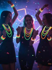 4/8pcs Neon Fluorescent Plastic Bead Necklace & Bracelet Set, Colorful Glowing Bead Jewelry Set, Suitable For 80s Disco Party, Mardi Gras Carnival, Concert Night Events, Retro Costume Accessories, Neon Party Decoration Supplies - Multicolor - View 2