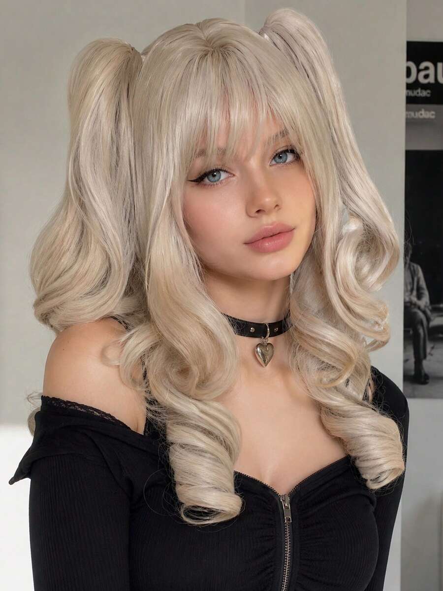 Light Cream Blonde Long Curly Wig With Bangs Detachable Twin Ponytail Synthetic Heat Resistant Wig For Women Lolita Anime Cosplay Halloween Party - Multicolor - View 1