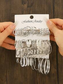 24pcs Bohemian Style Women Metal Earrings Set, Includes Faux Pearl Earrings And C-Shaped Earrings, Suitable For Daily Wear, Parties And Holiday Gifts - Multicolor - View 3