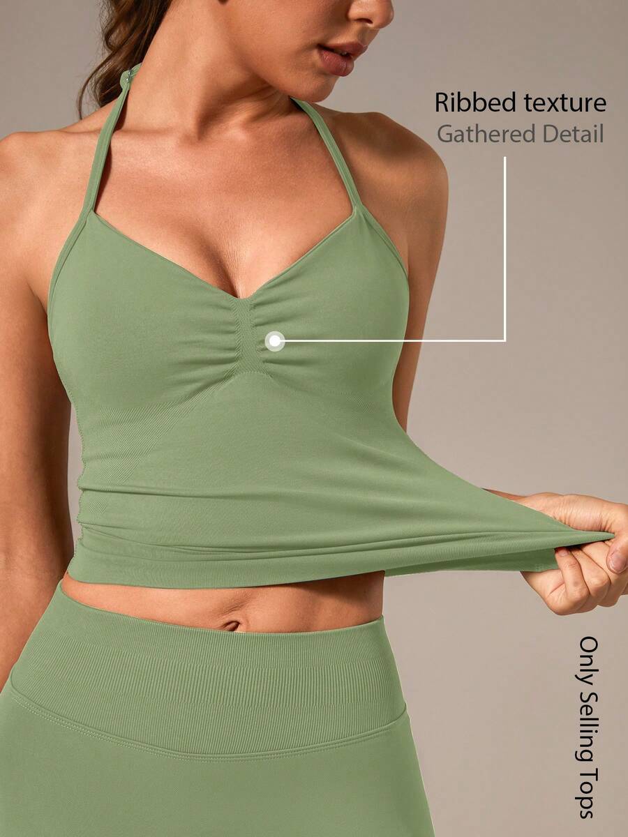 NcmRyu 1pc Women's Solid Color Adjustable Spaghetti Strap V-Neck Ruched Open Back Sports Camisole - Green - View 1