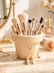 Fun Flower Pot Shaped Makeup Brush Holder, Single Cute Face Cosmetic Storage Box, Multi-Functional Makeup Tool & Pencil Holder Cup, Bedroom Vanity Bathroom Countertop Office Desk Decor - View 3