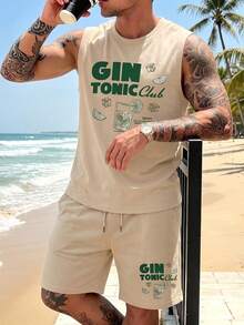 Men's Summer Round Neck Casual Tank Top And Shorts Set - Apricot - View 2