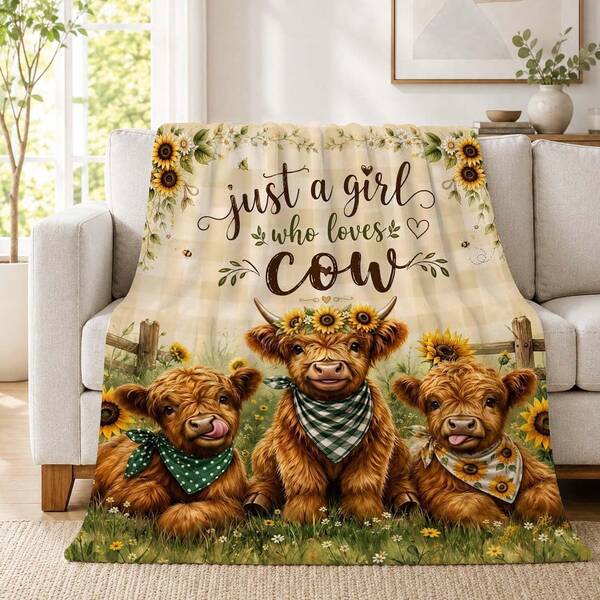 1PC Cow Lover Gifts For Women Sunflower Fall Blanket, Soft Flannel Blanket With Sunflower Cow Design For Sofa Reading And Travel As A Fall Or Christmas Gift For Cow Lovers