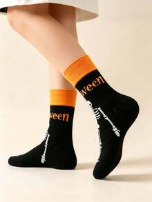 1/4 Pairs Random Women's Halloween Bat, Pumpkin, Skull Pattern Mid-Calf Socks, Soft Fashionable Sweat-Absorbent Breathable, Suitable For Halloween Party, Gift, All Seasons - Multicolor - View 4