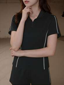 女款休閒運動套裝，短袖上衣與短褲2件套，適合跑步、登山，春夏穿著 - 黑色 - 查看 4