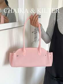 CHAIKA & KILTER 1pc Solid Color PVC Fabric Women's Fashion Shoulder Bowling Bag Jelly Bag With Dual Handle Design And Zipper Closure, Suitable For Daily And Street Use - Pink - View 7