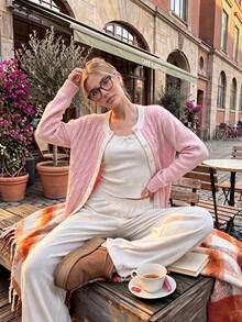 Korean Style Cute Sweet & Spicy Slouchy Vibe, Women's Pink Cable Knit Contrast Collar Cardigan, Long Sleeve Round Neck Button Front Knit Sweater, Autumn Daily Commute Casual Loose Basic Style, Back To School Season - Pink - View 4