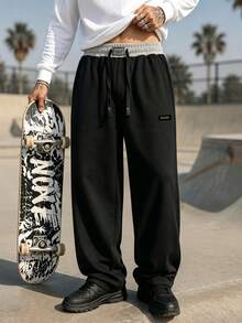 1pc Men's Autumn Black Loose Straight Leg Sports Pants, Grey Contrast Waistband, Drawstring Design, With Mini Boxing Label, Suitable For Skateboarding And American Street Style - Black - View 1