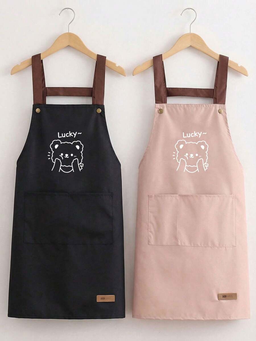 1pc Solid Color Lucky Bear Pattern Double-Sided Waterproof Barista Apron, Suitable For Home, Outdoor Kitchen And Catering Industry Floral Workwear