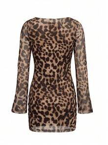 Women's Sexy Elegant Leopard Print Fitted Mini Dress - Brown - View 9