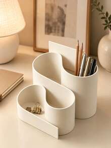 3D Printed Ivory Plastic Multi-Compartment Desktop Organizer, With Wavy Pen Holder And Pencil Cup, Modern Wavy Style Storage Box, Suitable For Home Office, Bookshelf, Workspace, Perfect Gift For Students, Writers, Office Workers, Aesthetic Stationery Organizer - Multicolor - View 2