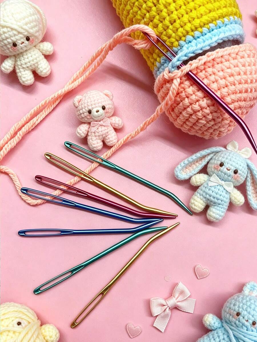 8pcs Colorful Curved Aluminum Yarn Sewing Needles, Large Eye Design Simplifies Threading, Compact And Portable, Available In Red, Yellow, Blue, Green, Suitable For Students, Knitting Enthusiasts, Crochet Players And Fiber Art Creators - Large-eye Aluminum Bent Needle - View 1