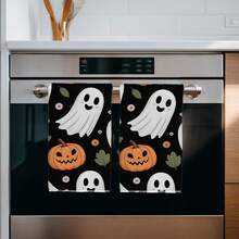 2PCS Halloween Theme Pumpkin Ghost Seamless Pattern Microfiber Soft Kitchen Towels, Dish Cloths, Hand Towels, Tablecloths, Kitchen Decor, Kitchen Cleaning, Bathroom Cleaning, Holiday Party Decor, Kitchen & Bathroom Supplies, Home Essentials, Home Decor, Housewarming Gift - Black - View 6