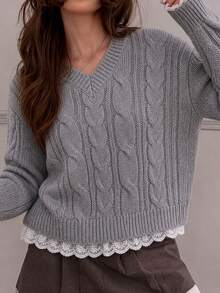 Sweater Rajut Kabel Leher V dengan Hiasan Renda - Pullover Longgar yang Nyaman untuk Musim Gugur, Cocok untuk Gaya Kasual Sehari-hari dan Kampus di Musim Gugur - Grey - View 5