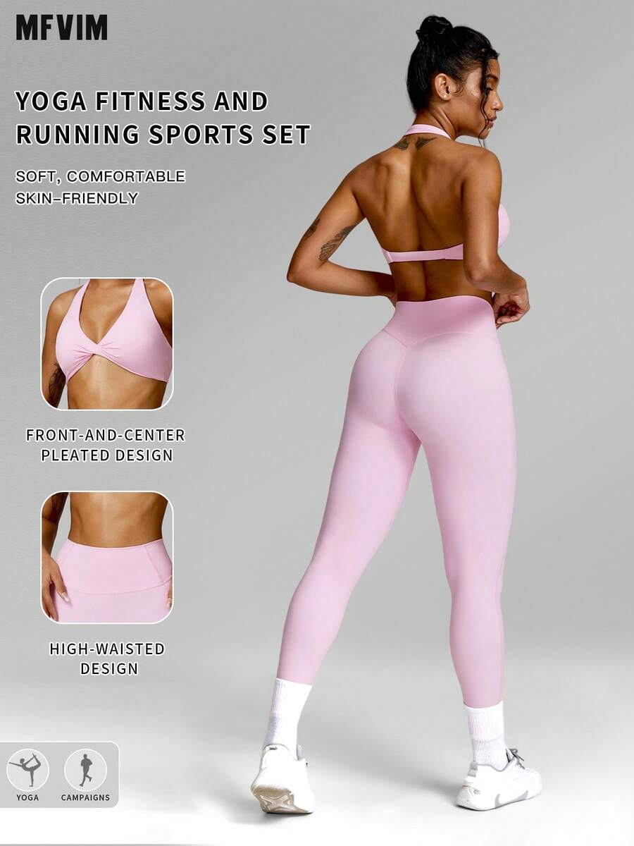 MFVIM Women's Naked Feel High Elastic Yoga Set, Fashionable Minimalist All-Match Versatile Plus Size Casual Wear - Baby Pink - View 1