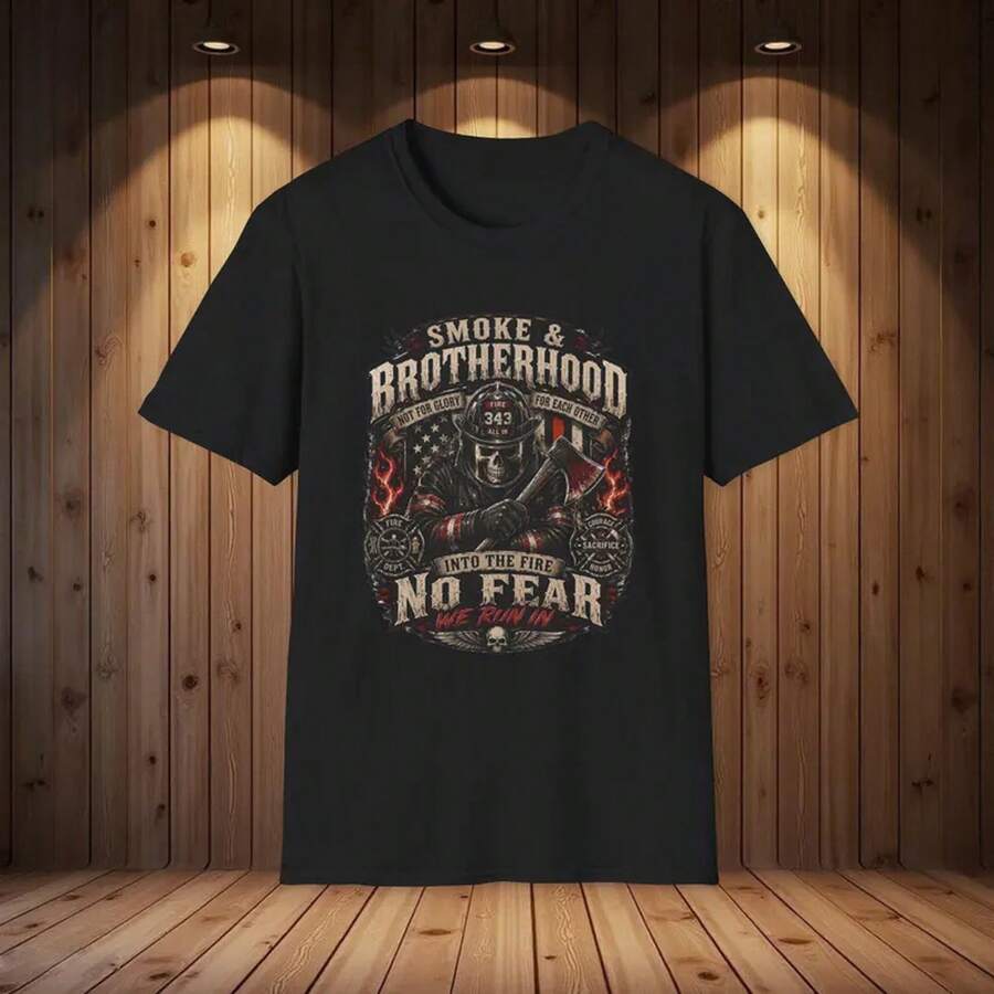 Camiseta Smoke & Brotherhood con diseño de calavera de bombero, ropa de héroe de la Línea Roja Delgada - Negro - Ver 1