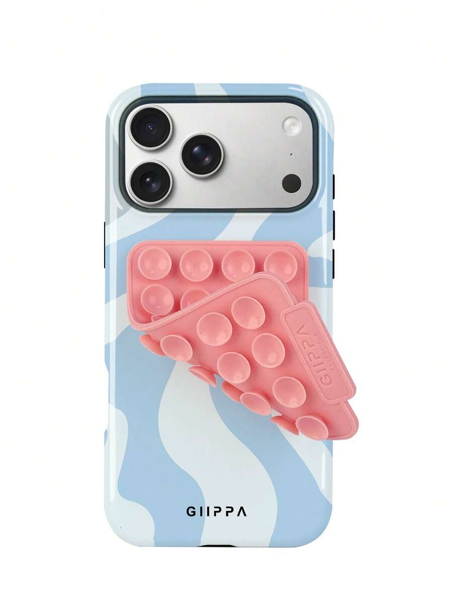 GIIPPA 1組不對稱波浪圖案淺藍色手機殼 + 粉色吸盤,相容 iPhone 17 Pro Max、16 Pro Max、15 Pro Max、14 Pro Max,韓系時尚趣味手機殼,相容 iPhone 11/12/13/14/15/16 Pro Max Plus,優雅設計男女皆宜,適合聖誕節、情人節、復活節、婚禮季與生日送給女友的理想禮物 - 淺藍色 - 查看 1