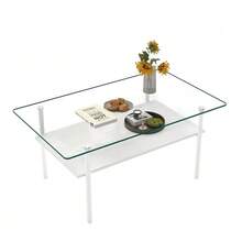 Modern Coffee Table With Black Glass Top, Living Room Table With MDF Shelf And Metal Frame, Rectangular Sofa Table With 2-Tier Storage, Black-H45/W98/D58 Cm - 白色 - 查看 1