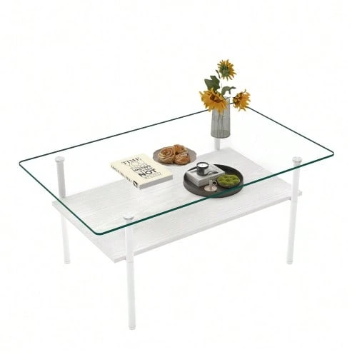 Modern Coffee Table With Black Glass Top, Living Room Table With MDF Shelf And Metal Frame, Rectangular Sofa Table With 2-Tier Storage, Black-H45/W98/D58 Cm - 白色 - 查看 1