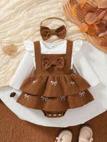 3pcs/Set Infant Long Sleeve Corduroy Ruffle Bow Sweet Style Pinafore Dress & Bodysuit Set, Spring/Autumn - Camel - View 1