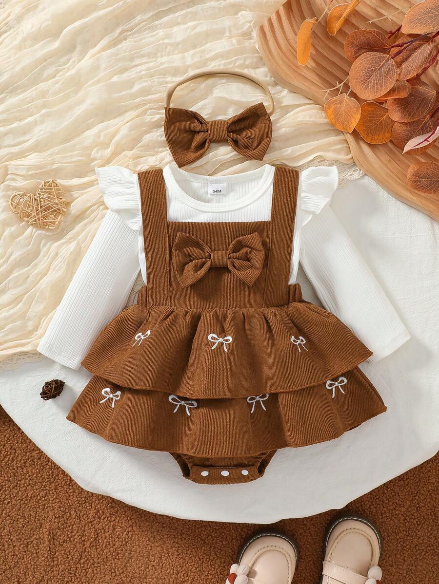 3pcs/Set Infant Long Sleeve Corduroy Ruffle Bow Sweet Style Pinafore Dress & Bodysuit Set, Spring/Autumn - Camel - View 1