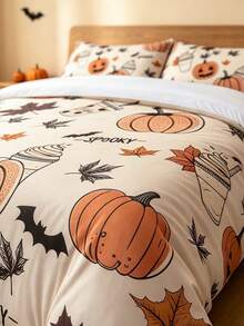 Juego de 3 piezas de funda nórdica de Halloween Blissful, tema de Halloween, juego de ropa de cama cómodo, impresión digital de alta definición, patrón de hoja de arce, postre y calabaza, 1 pieza de funda nórdica con cuatro esquinas y cremallera desmontable + 2 piezas de fundas de almohada con bolsillos, sin relleno, adecuado para dormitorio, residencia estudiantil (ropa de cama para dormitorios de niños y niñas) o viajes - Multicolor - Ver 10