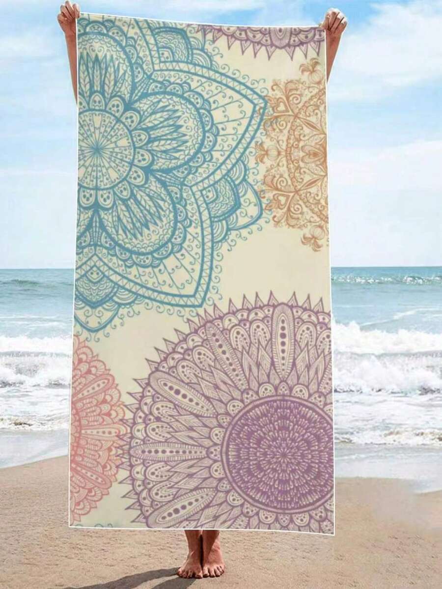 Extra Large Beach Towel, Large Size, Super Absorbent, Beach Towel, Microfiber Beach Towel, 59"X29", Summer Essential, Mandala, Mandala Flower, Suitable For Kids, Men, Women, Girls, Boys, Windproof, Sun Protection, Beach, Party, Dry Travel, Camping, Beach Accessories, Vacation Essential Gift 1pc - Multicolor - View 1
