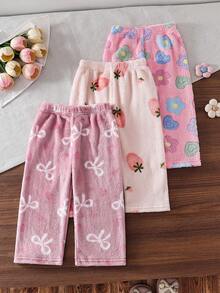 3pcs/Set Baby Girls Autumn/Winter Soft Thermal Lined Long Pants, Bowknot Strawberry Floral Pattern, Fuzzy Soft Elastic Waistband, Simple Basic Style, Suitable For Outdoor Wear - Multicolor - View 1