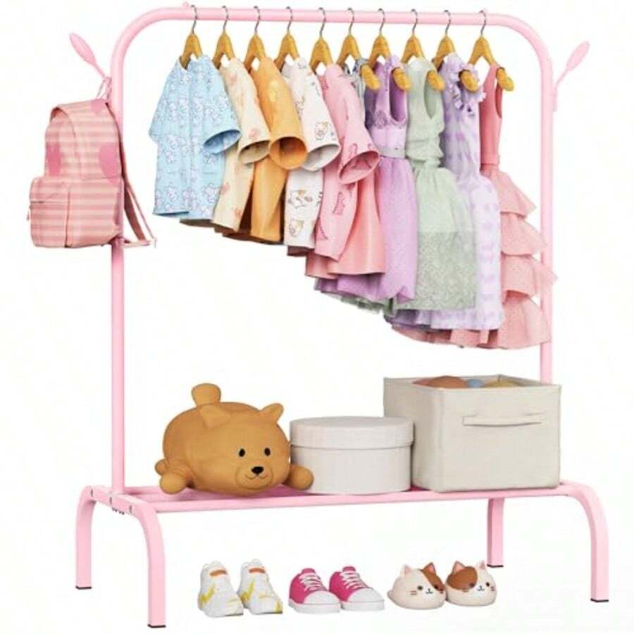 Clothes Rack For Ages 3-6, Montessori Clothing Rack, Pink Dress Up Rack With Bottom Shelf And Side Hooks, Toddler Wardrobe Rack For Bedroom, Playroom, Nursery And Small Room Storage - Pink - View 1