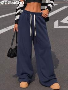 GEMCHO Women's Deep Blue Wide Leg Drawstring Sweatpants, Contrast Drawstring Design, Elastic Waist, Loose Fit, Suitable For Daily Wear, Outdoor Activities And Casual Street Style - Navy Blue - View 1