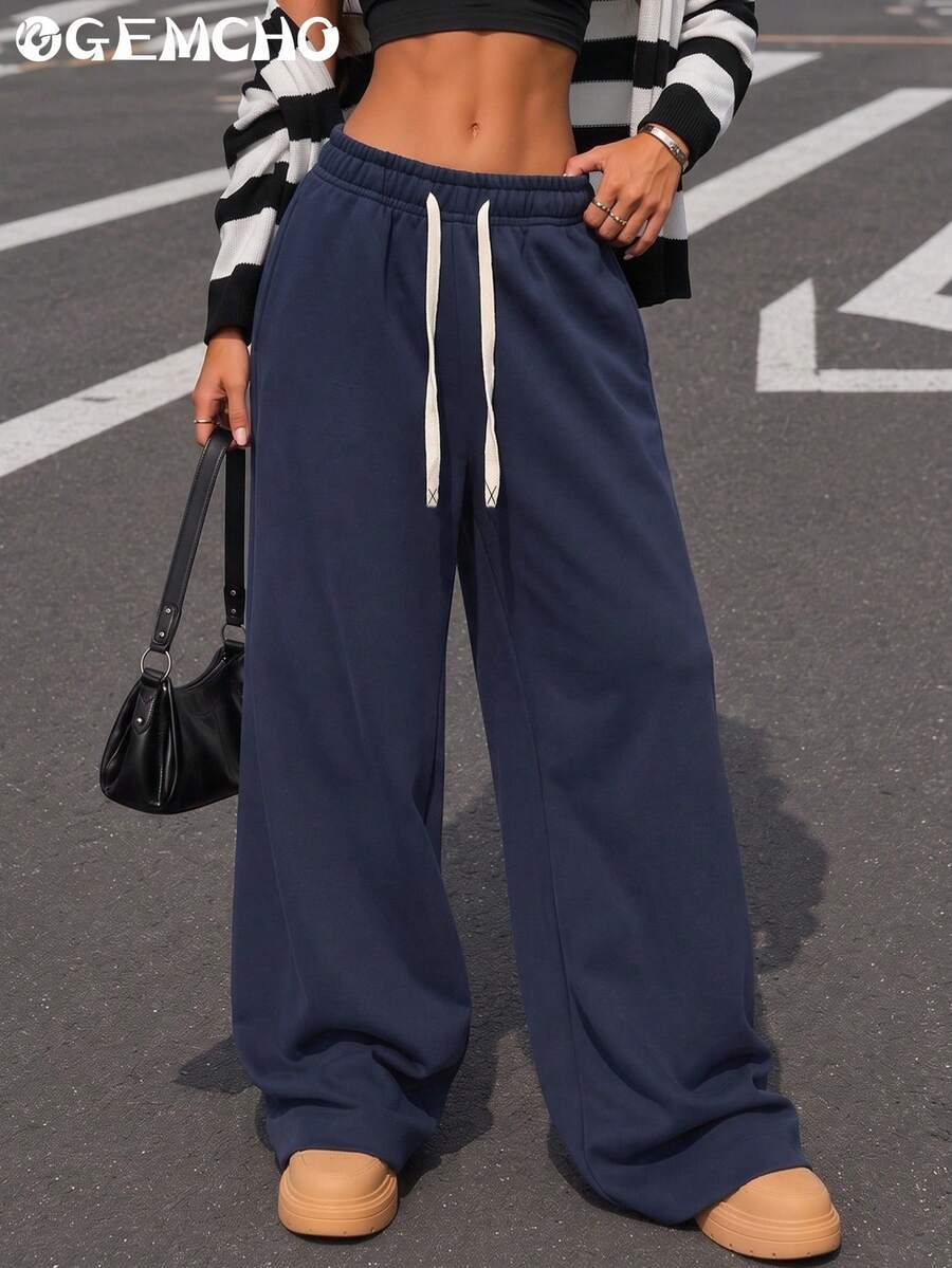 GEMCHO Women's Deep Blue Wide Leg Drawstring Sweatpants, Contrast Drawstring Design, Elastic Waist, Loose Fit, Suitable For Daily Wear, Outdoor Activities And Casual Street Style - Navy Blue - View 1