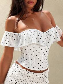 Apperloth A Áo corset nữ thanh lịch họa tiết chấm bi dáng ôm, phối lưới bèo nhún, thắt dây sau lưng, kiểu bandeau hở vai, có gọng định hình cho mùa hè - Chấm bi trắng - Xem 6