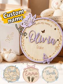 Customized Announcement Board - Wooden Purple Butterfly Birth Statistics Plaque, Hospital Customized Name Plate, Custom Design, Customizable, Personalized, Decoration - Style a - View 1