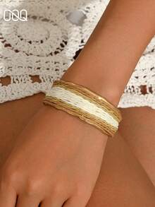 OOQ 1 buah Gelang Manset Lebar Emas Gaya Liburan Musim Panas untuk Wanita, Gelang Rafia Terbuka Buatan Tangan yang Dapat Diatur, Cocok untuk Perjalanan Sehari-hari, Pantai, Liburan, Pesta, Hadiah - Kopi campur - View 6