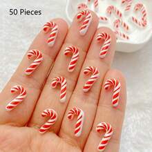 20/50/100pcs Cartoon Cute Mini Resin Christmas Decorations - Flat Bottom - No Hole - Includes Santa Claus, Gingerbread Man, Bear, Snowman, Christmas Tree, Reindeer Charms, Suitable For Holiday DIY Jewelry Decoration, Odorless, Random Mix - Mini Christmas Candy Cane - View 9