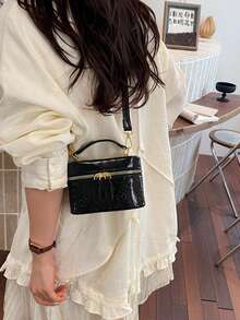 Dedoo 女款花卉壓紋PU迷你方盒手提包，雙拉鍊可拆式肩帶可愛斜挎包，大容量，校園包，適合大學校園 - 黑色 - 查看 3