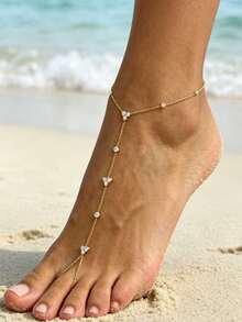 1pc Fashion Multi-Layer Mesh Tassel Beaded Toe Ring Anklet, Vacation Accessory, Wedding Party Daily Accessory Holiday Gift (Avoid Contact With Water) - Gold - View 5
